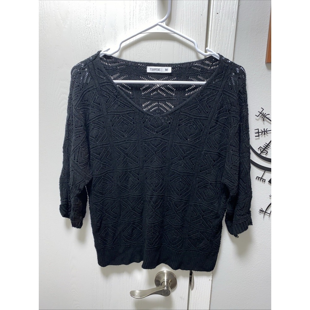 Tarse Black Knit Pattern Sweater 3/4 Sleeve‎ Shirt Medium Boho